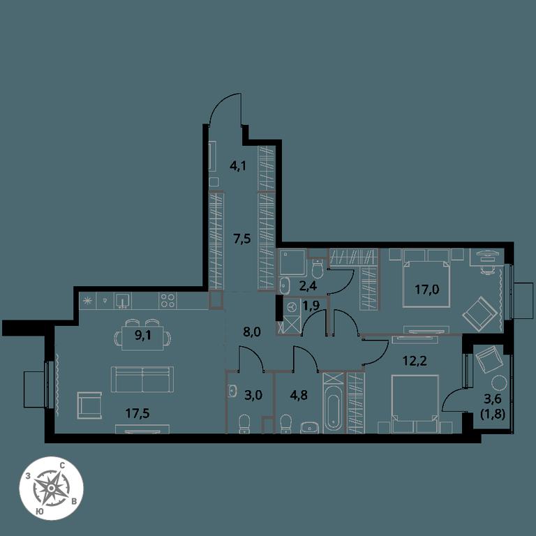 3-BD Apartment Sale, 89.3 sq. m. at 1 Izmajlovskij, Montazhnaya Street, 8с13, Moscow, Russia #1