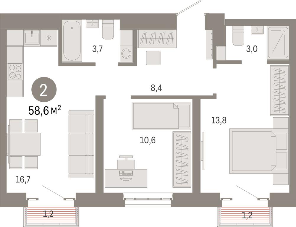 2-BD Apartment Sale, 58.6 sq. m. at Kvartal Metronom, Tagilskaya Street, Moscow, Russia #1