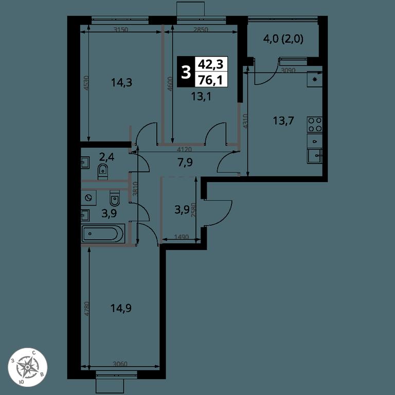 3-BD Apartment Sale, 76.1 sq. m. at 1 Yasenevskij, Kvartal № 24, Mosrentgen Settlement, Moscow, Russia #1
