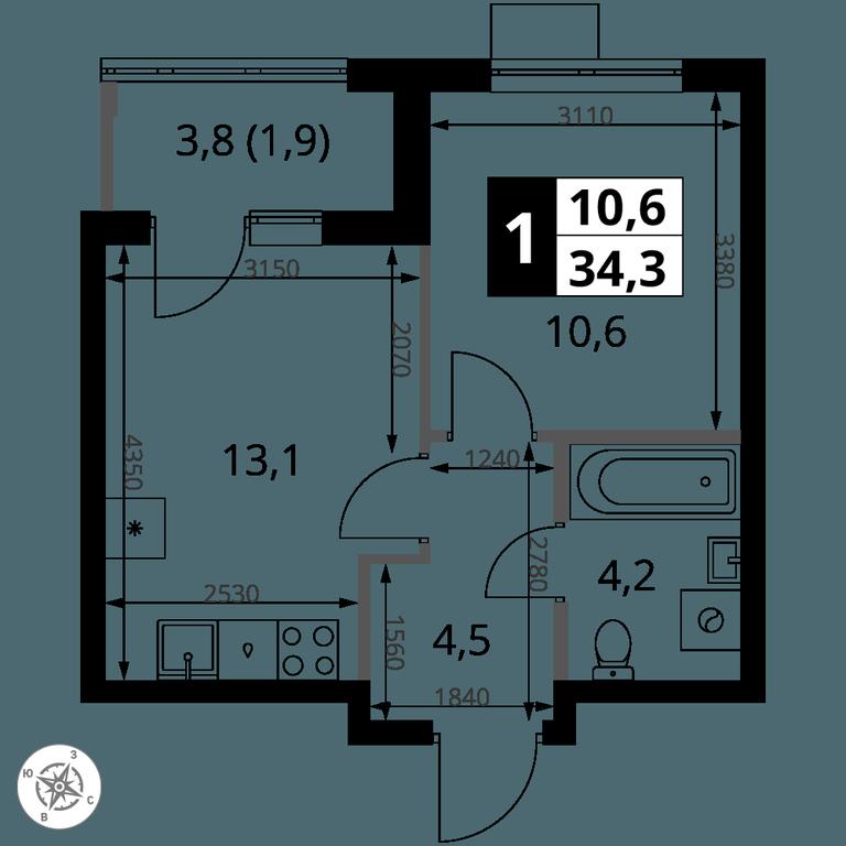 1-BD Apartment Sale, 34.3平方米 at 1 Yasenevskij, Kvartal № 24, Mosrentgen Settlement, Moscow, Russia #1