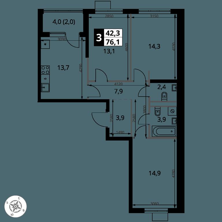 3-BD Apartment Sale, 76.1 sq. m. at 1 Yasenevskij, Kvartal № 24, Mosrentgen Settlement, Moscow, Russia #1