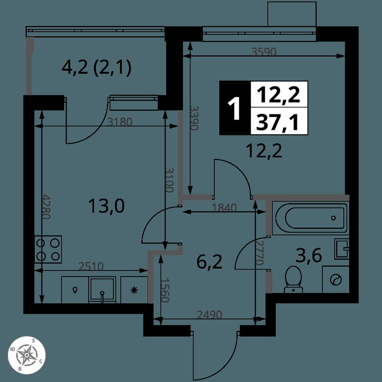 1-BD Apartment Sale, 37.1平方米 at 1 Yasenevskij, Kvartal № 24, Mosrentgen Settlement, Moscow, Russia #1