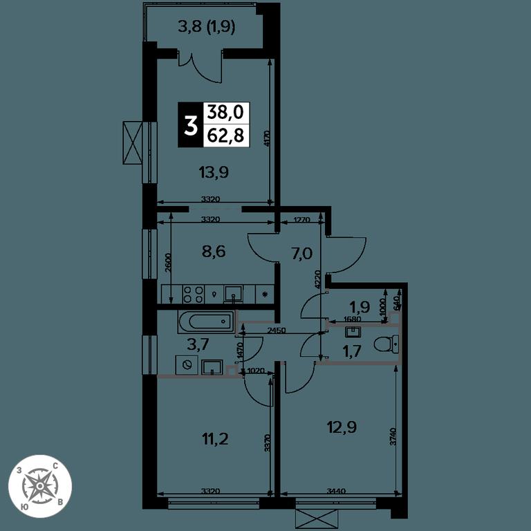 3-BD Apartment Sale, 62.8平方米 at Pervyi Leningradskiy, Pervy Leningradskiy Residential Complex, Moscow, Russia #2