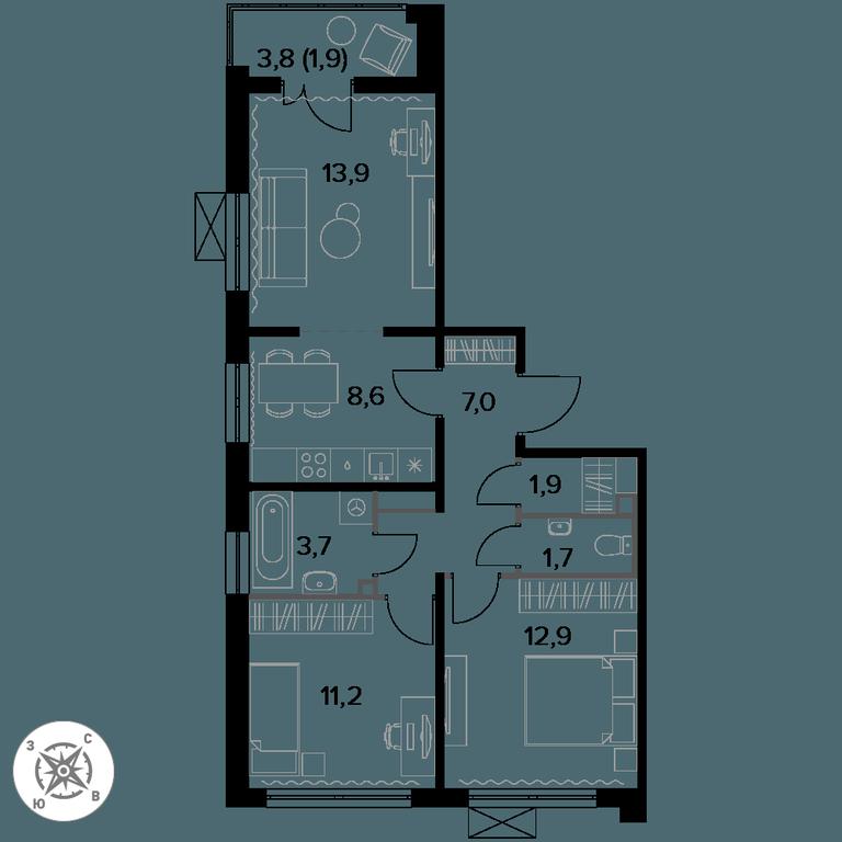 3-BD Apartment Sale, 62.8平方米 at Pervyi Leningradskiy, Pervy Leningradskiy Residential Complex, Moscow, Russia #1