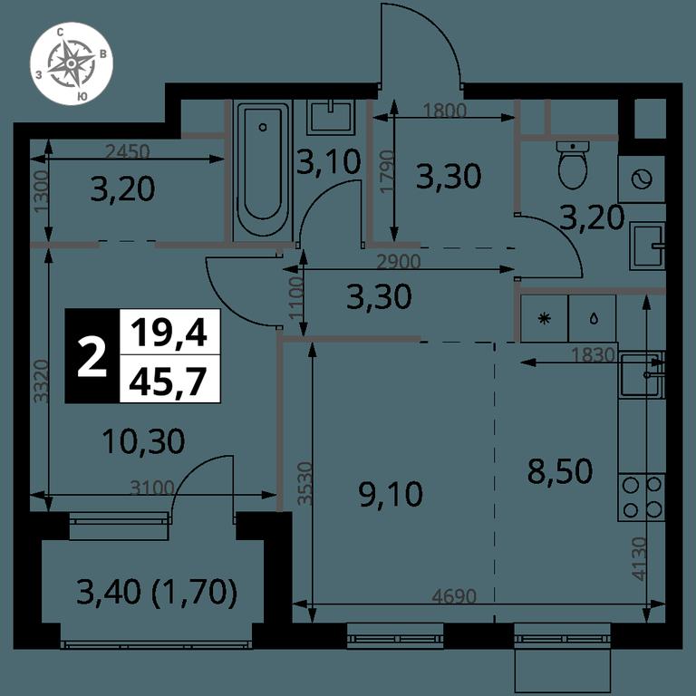 2-BD Apartment Sale, 45.7 sq. m. at 1 Himkinskij, zhiloy kompleks 1-y Khimkinskiy, kvartal Mezhdunarodny, mikrorayon Klyazma-Starbeyevo, Khimki, Moscow Region, Russia #2