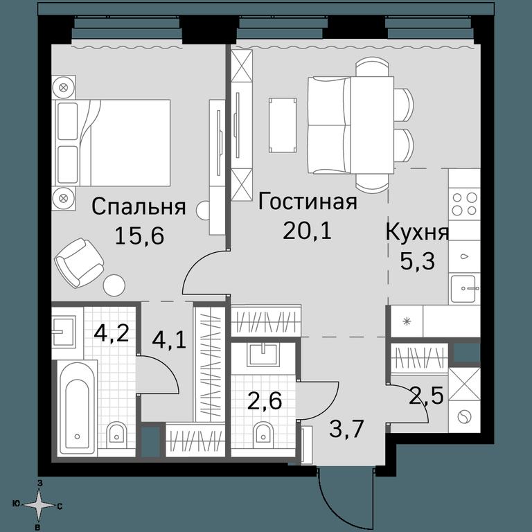 2-BD Apartment Sale, 58.1平方米 at Amber City, 3rd Khoroshyovsky Drive, 3А, Moscow, Russia #1