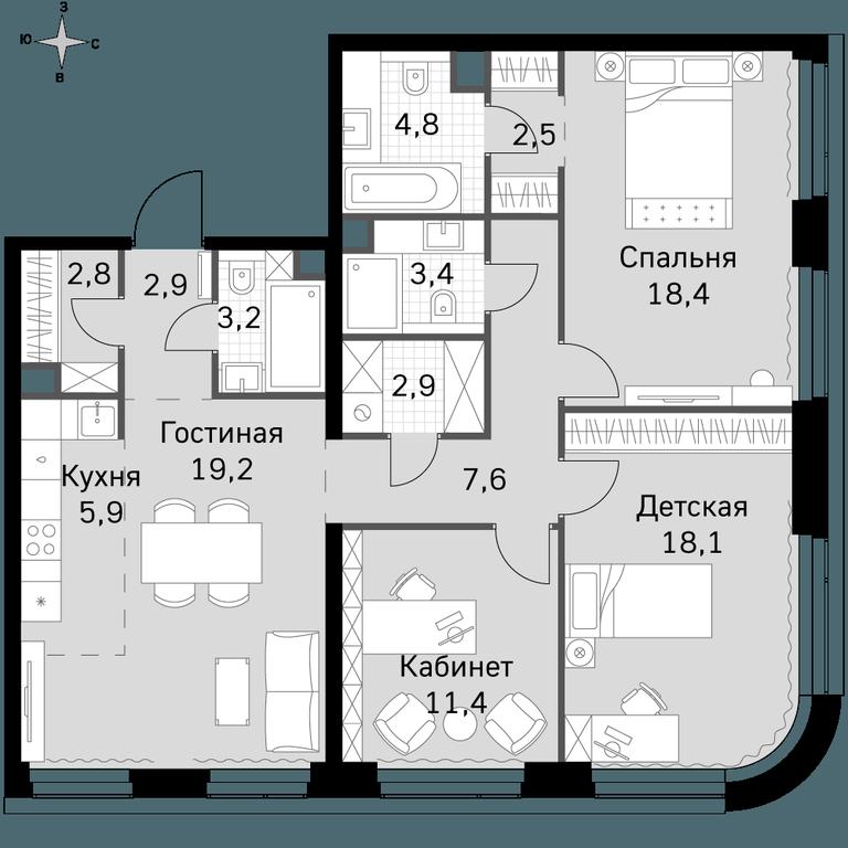 4-BD Apartment Sale, 103.1平方米 at Amber City, 3rd Khoroshyovsky Drive, 3А, Moscow, Russia #1