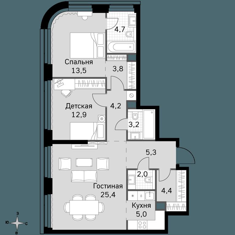 3-BD Apartment Sale, 84.4平方米 at Amber City, 3rd Khoroshyovsky Drive, 3А, Moscow, Russia #1