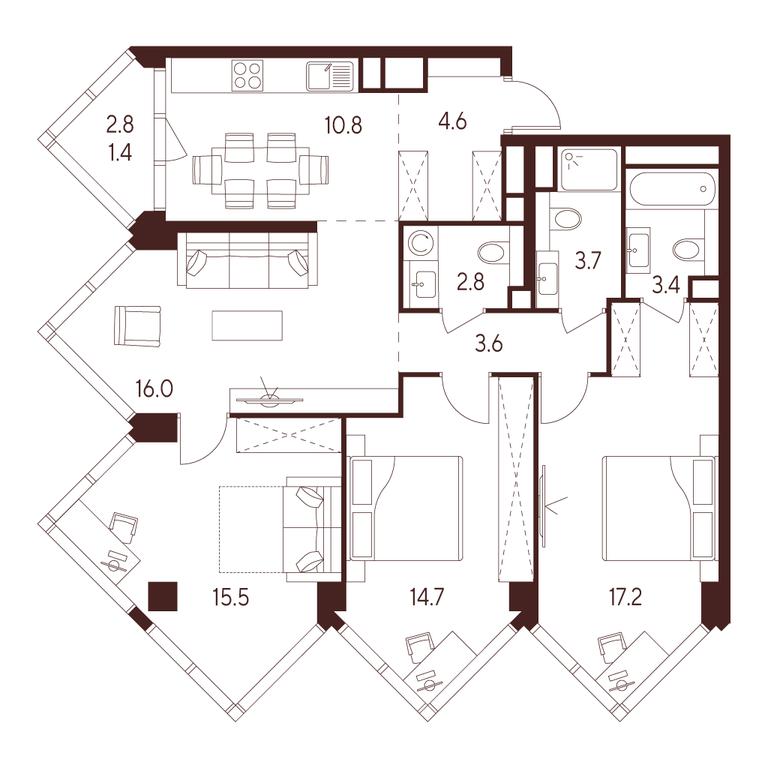 3-BD Apartment Sale, 93.7 sq. m. at INDY TOWERS (Indi Tauerz), Kuusinen Street, Moscow, Russia #2