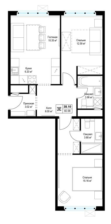 2-BD Apartment Sale, 60.9平方米 at Eko Vidnoe 2.0, kvartal Tsentralny, 1, Kupelinka Subdistrict, derevnya Sapronovo, Leninskiy City District, Moscow Region, Russia #1