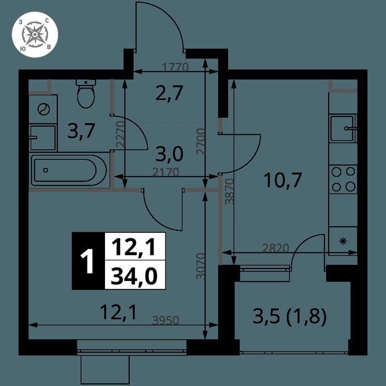 1-BD Apartment Sale, 34 sq. m. at Pervy Sheremetevskij, Komsomolskaya Street, 16, Khimki, Moscow Region, Russia #1