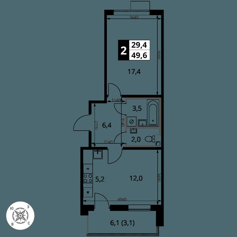 2-BD Apartment Sale, 49.6 sq. m. at Pervy Sheremetevskij, Komsomolskaya Street, 16, Khimki, Moscow Region, Russia #2