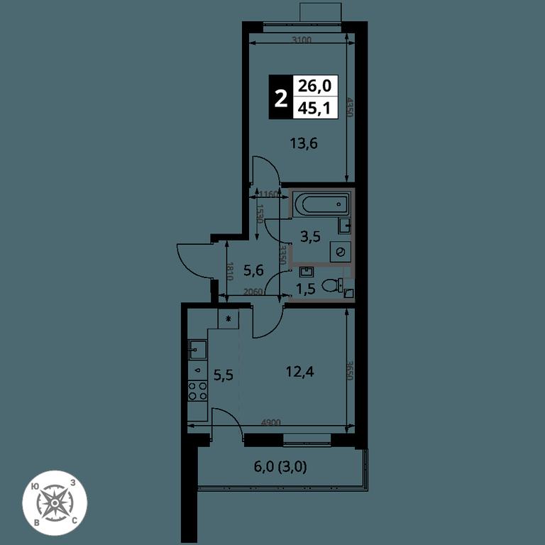 2-BD Apartment Sale, 45.1 sq. m. at Pervy Sheremetevskij, Komsomolskaya Street, 16, Khimki, Moscow Region, Russia #2 2-BD Apartment Sale, 45.1 sq. m. at Pervy Sheremetevskij, Komsomolskaya Street, 16, Khimki, Moscow Region, Russia #2