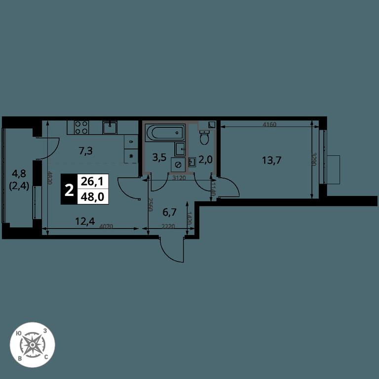 2-BD Apartment Sale, 48 sq. m. at Pervy Sheremetevskij, Komsomolskaya Street, 16, Khimki, Moscow Region, Russia #2