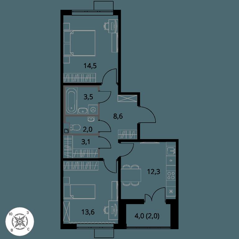 2-BD Apartment Sale, 59.6 sq. m. at Pervy Sheremetevskij, Komsomolskaya Street, 16, Khimki, Moscow Region, Russia #1