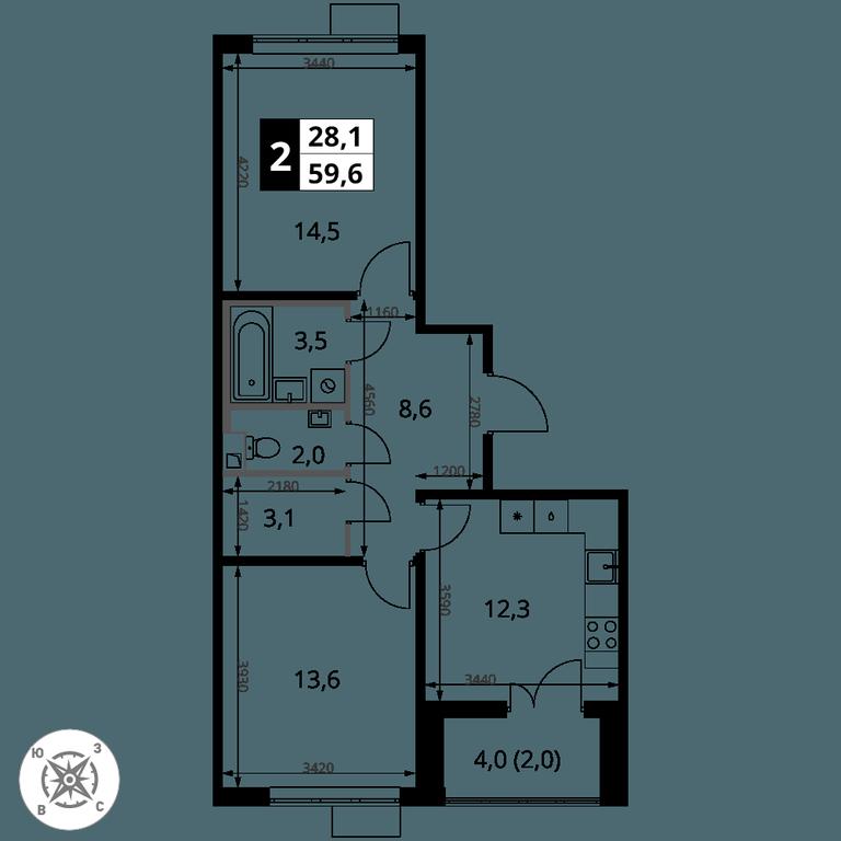 2-BD Apartment Sale, 59.6 sq. m. at Pervy Sheremetevskij, Komsomolskaya Street, 16, Khimki, Moscow Region, Russia #2