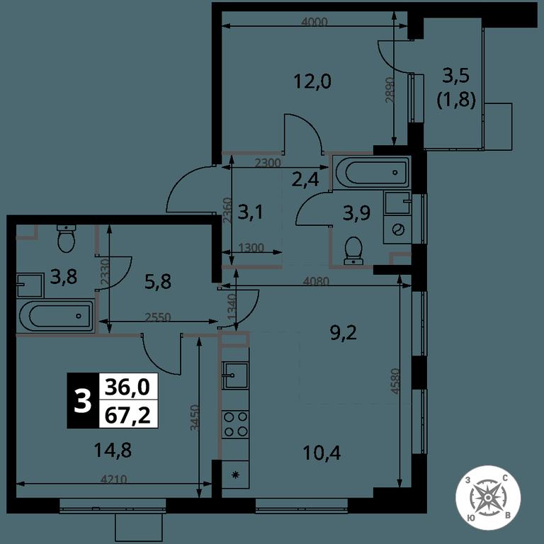 3-BD Apartment Sale, 67.2 sq. m. at Pervy Sheremetevskij, Komsomolskaya Street, 16, Khimki, Moscow Region, Russia #1