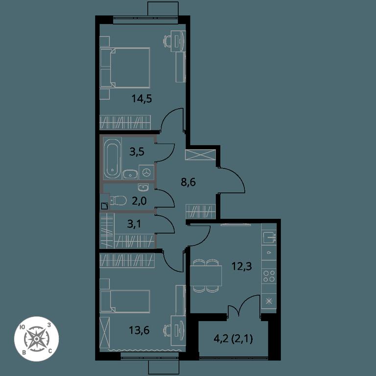 2-BD Apartment Sale, 59.7 sq. m. at Pervy Sheremetevskij, Komsomolskaya Street, 16, Khimki, Moscow Region, Russia #1