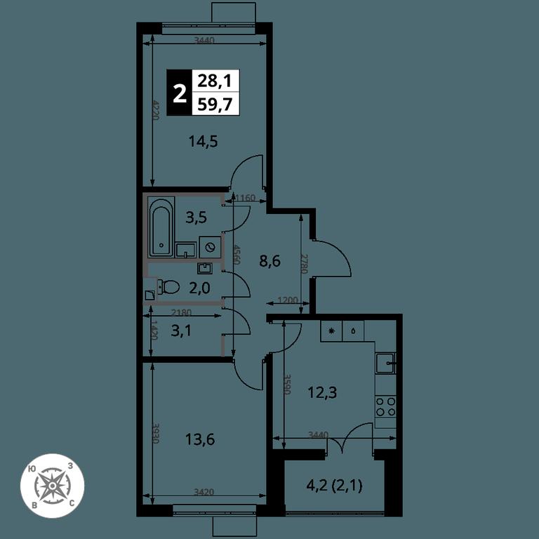 2-BD Apartment Sale, 59.7 sq. m. at Pervy Sheremetevskij, Komsomolskaya Street, 16, Khimki, Moscow Region, Russia #2