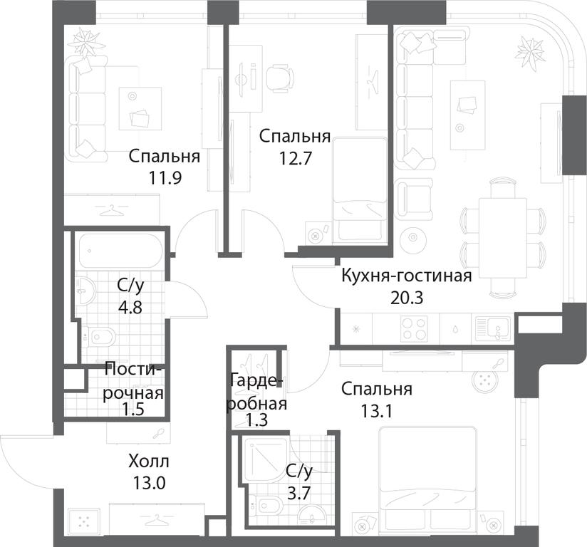 3-BD Apartment Sale, 81.9平方米 at Nagatino i-Land, Andropova Avenue, 18с4, Moscow, Russia #1