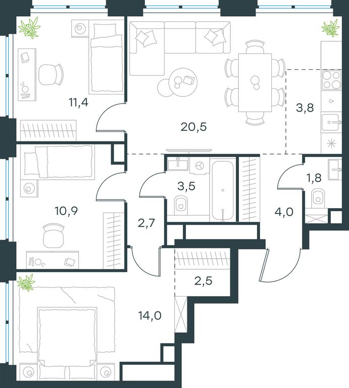 3-BD Apartment Sale, 75.1 sq. m. at Level Zvenigorodskaya, 3rd Silikatny Drive, 6к1, Moscow, Russia #1