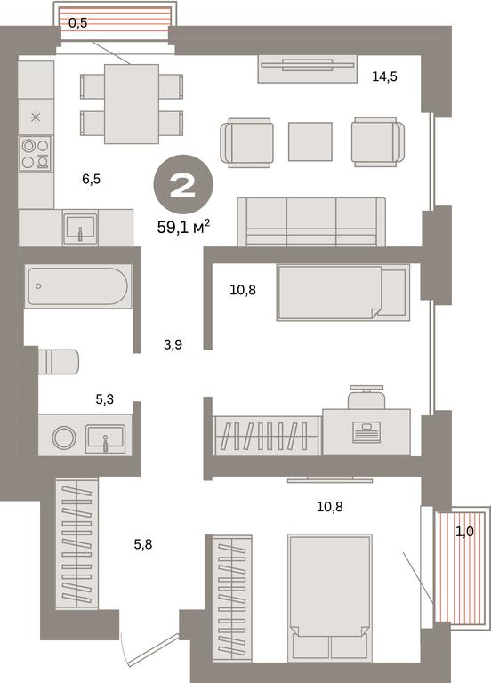 2-BD Apartment Sale, 59.1 sq. m. at Kvartal Metronom, Tagilskaya Street, Moscow, Russia #1