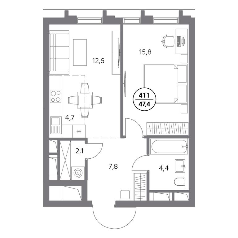 2-BD Apartment Sale, 47.4平方米 at Dom56, Fridrikha Engelsa Street, 56с1, Moscow, Russia #1