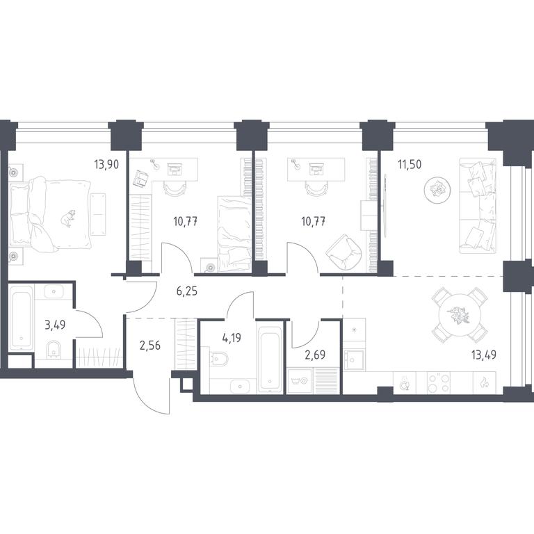 2-BD Apartment Sale, 79.61 sq. m. at Nova, Bratyev Fonchenko Street, вл21, Moscow, Russia #1