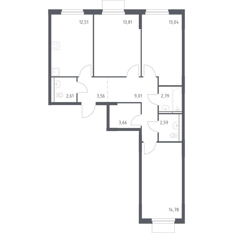 2-BD Apartment Sale, 78.36平方米 at Mytishchi Park, Silikatnaya ulitsa, 41к3, Mytischi, Moscow Region, Russia #1