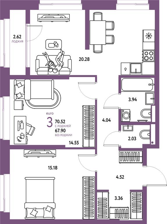 2-BD Apartment Sale, 70.52平方米 at Strana.Parkovaya, ulitsa Komarova, Mytischi, Moscow Region, Russia #1