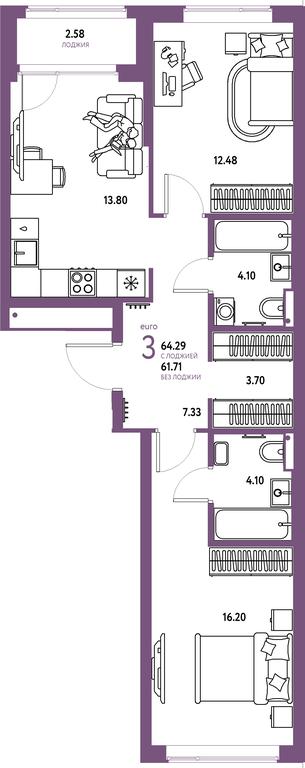 2-BD Apartment Sale, 64.29 sq. m. at Strana.Parkovaya, ulitsa Komarova, Mytischi, Moscow Region, Russia #1