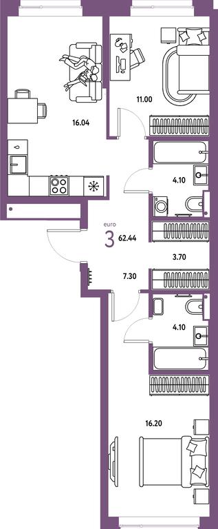 2-BD Apartment Sale, 62.44平方米 at Strana.Parkovaya, ulitsa Komarova, Mytischi, Moscow Region, Russia #1