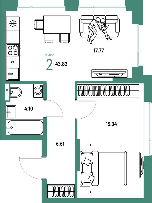 1-BD Apartment Sale, 43.82 sq. m. at Strana.Parkovaya, ulitsa Komarova, Mytischi, Moscow Region, Russia #1