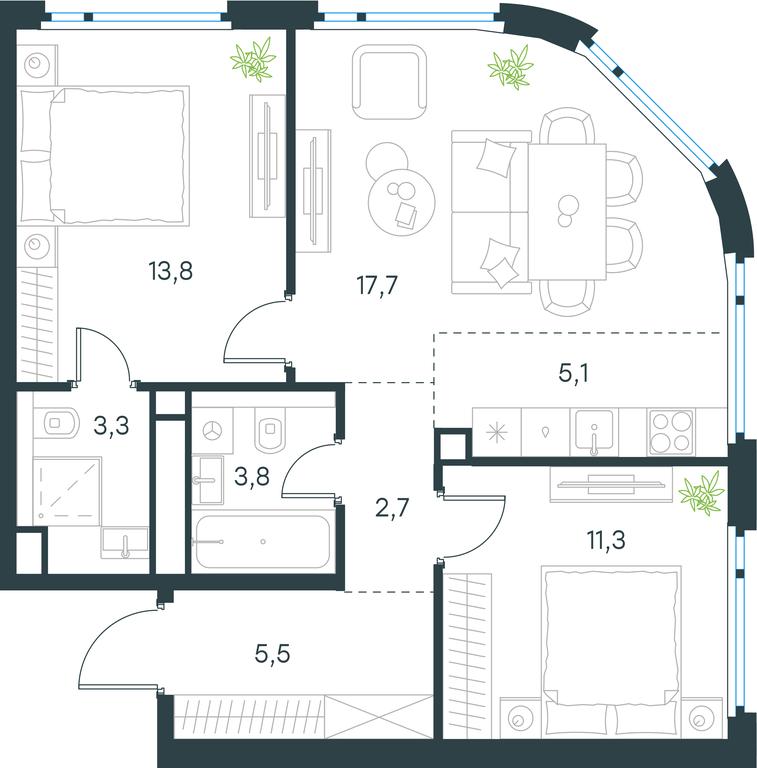 2-BD Apartment Sale, 63.2 sq. m. at Level Nizhegorodskaja, Perovskoye Highway, 21с1, Moscow, Russia #1