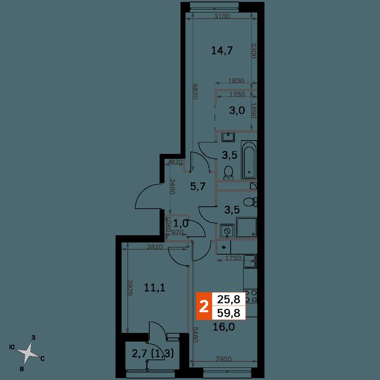 2-BD Apartment Sale, 59.8平方米 at Sky Garden, Stroitelny Drive, 9с6, Moscow, Russia #2