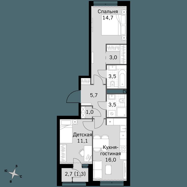 2-BD Apartment Sale, 59.8平方米 at Sky Garden, Stroitelny Drive, 9с6, Moscow, Russia #1