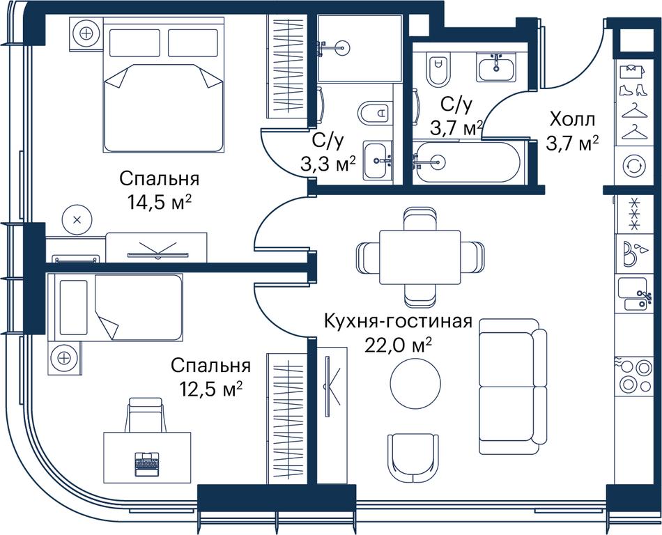 2-BD Apartment Sale, 59.66平方米 at City Bay, Volokolamskoye Highway, 95с3, Moscow, Russia #1