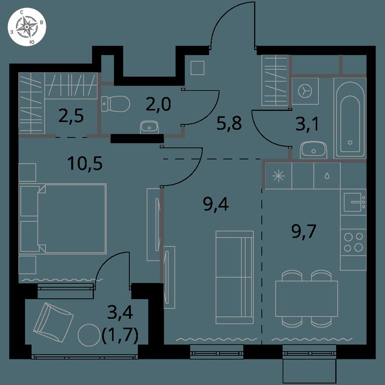 2-BD Apartment Sale, 44.7 sq. m. at 1 Himkinskij, zhiloy kompleks 1-y Khimkinskiy, kvartal Mezhdunarodny, mikrorayon Klyazma-Starbeyevo, Khimki, Moscow Region, Russia #1