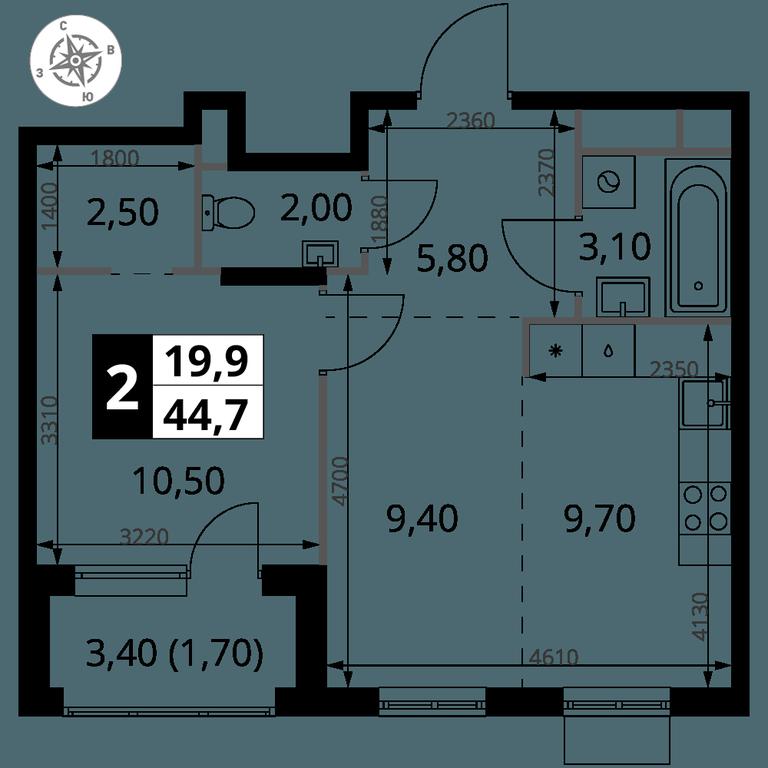 2-BD Apartment Sale, 44.7 sq. m. at 1 Himkinskij, zhiloy kompleks 1-y Khimkinskiy, kvartal Mezhdunarodny, mikrorayon Klyazma-Starbeyevo, Khimki, Moscow Region, Russia #2