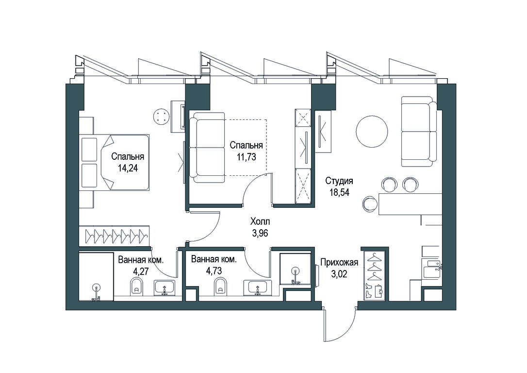 2-BD Apartment Sale, 60.54平方米 at Famous, Bagrationovsky Drive, 5к2, Moscow, Russia #1
