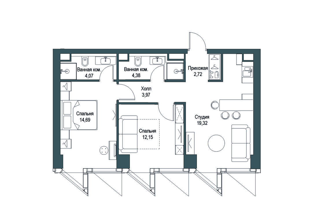 2-BD Apartment Sale, 61.3平方米 at Famous, Bagrationovsky Drive, 5к2, Moscow, Russia #1