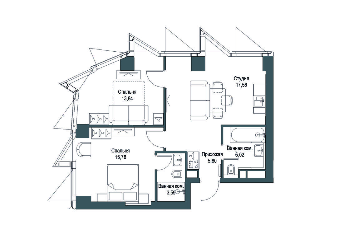 2-BD Apartment Sale, 61.61 sq. m. at Famous, Bagrationovsky Drive, 5к2, Moscow, Russia #1