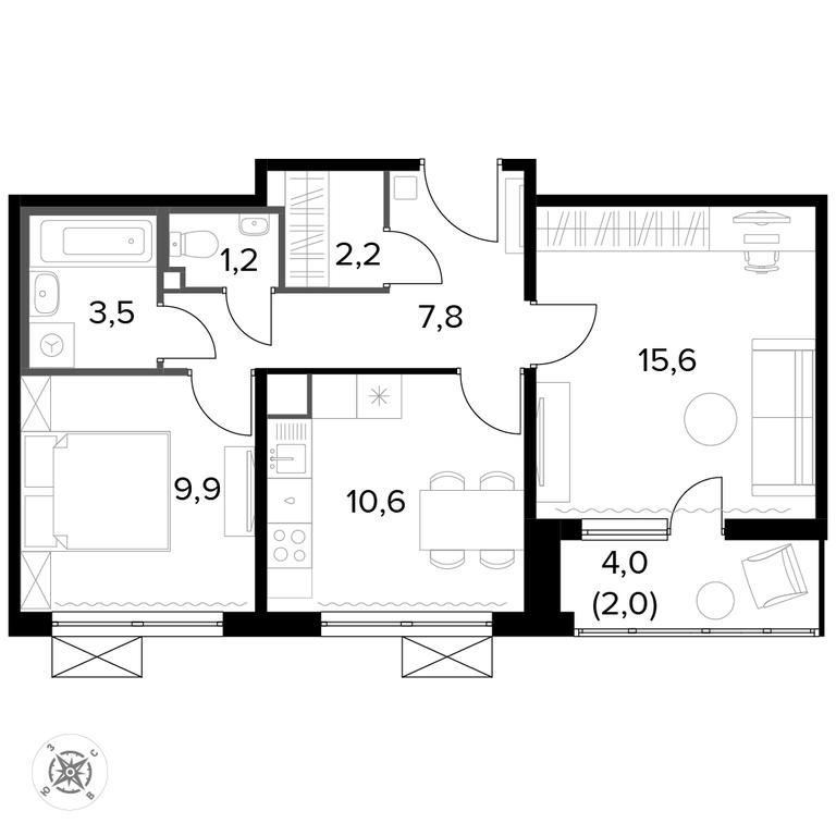 2-BD Apartment Sale, 53.2平方米 at Pervyi Leningradskiy, Pervy Leningradskiy Residential Complex, Moscow, Russia #1
