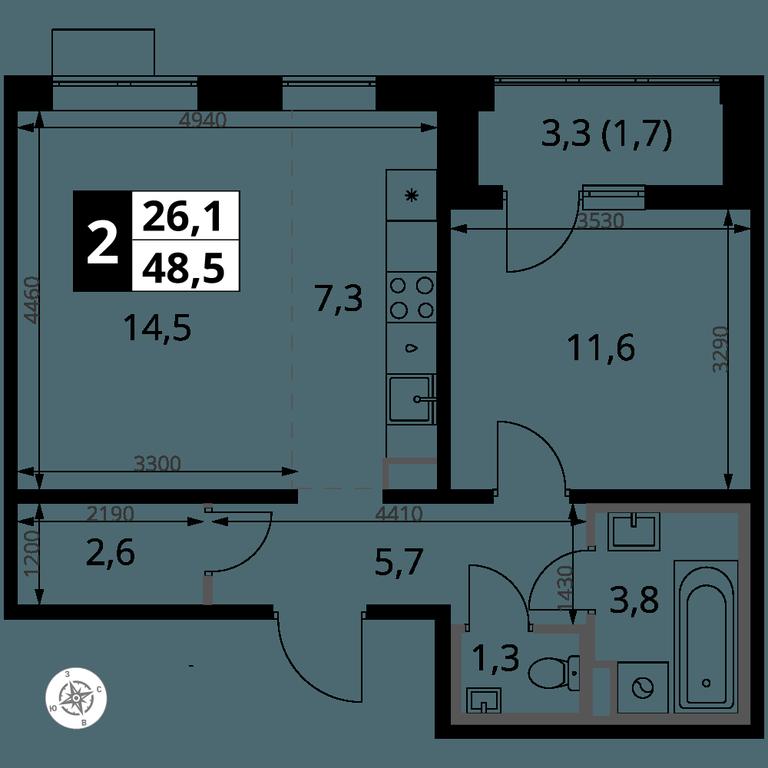 2-BD Apartment Sale, 48.5平方米 at Pervy Yuzhny, zhiloy kompleks Pervy Yuzhny, Leninskiy City District, Moscow Region, Russia #1