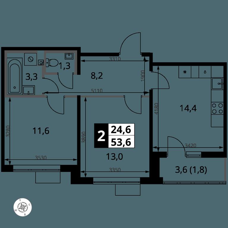 2-BD Apartment Sale, 53.6 sq. m. at Pervy Yuzhny, zhiloy kompleks Pervy Yuzhny, Leninskiy City District, Moscow Region, Russia #1
