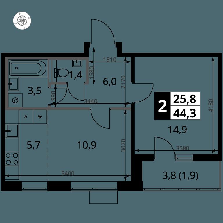 2-BD Apartment Sale, 44.3 sq. m. at Pervy Yuzhny, zhiloy kompleks Pervy Yuzhny, Leninskiy City District, Moscow Region, Russia #1