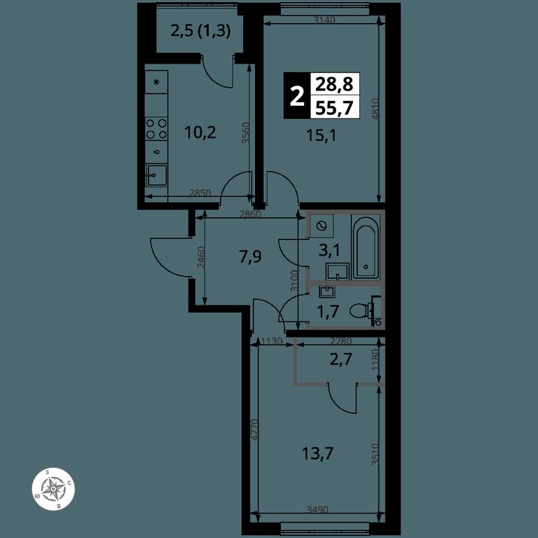 2-BD Apartment Sale, 55.7平方米 at Pervy Yuzhny, zhiloy kompleks Pervy Yuzhny, Leninskiy City District, Moscow Region, Russia #1
