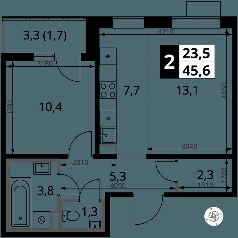 2-BD Apartment Sale, 45.6 sq. m. at Pervy Yuzhny, zhiloy kompleks Pervy Yuzhny, Leninskiy City District, Moscow Region, Russia #1