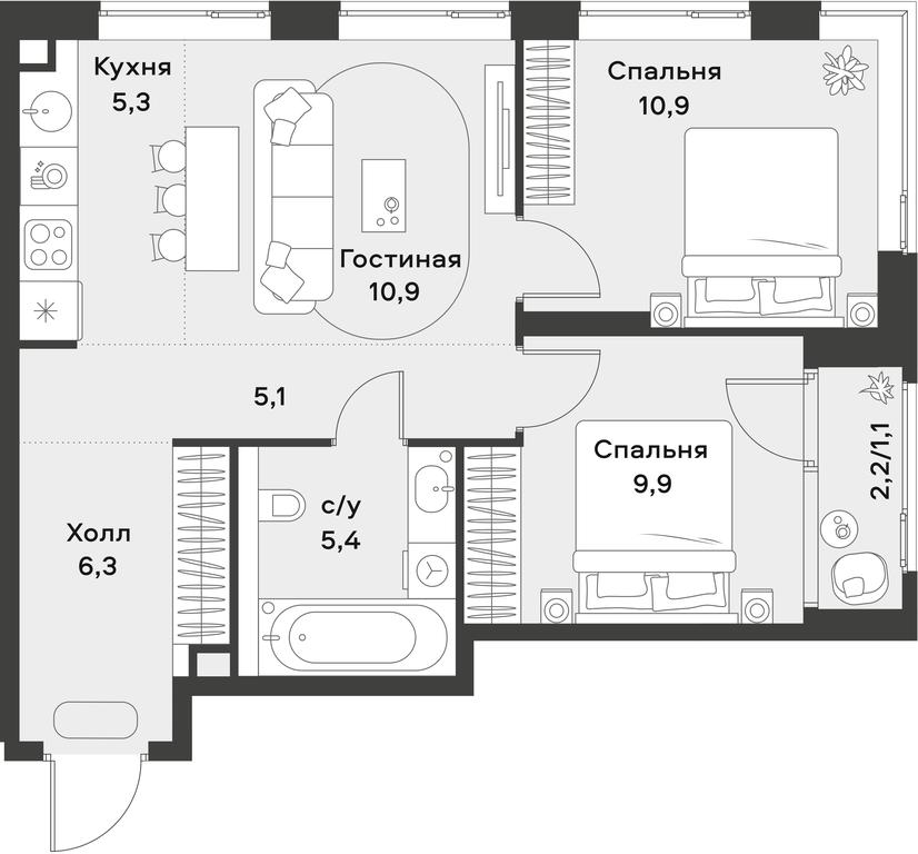1-BD Apartment Sale, 54.9 sq. m. at Alia, Lyotnaya Street, 95Бк2, Moscow, Russia #2