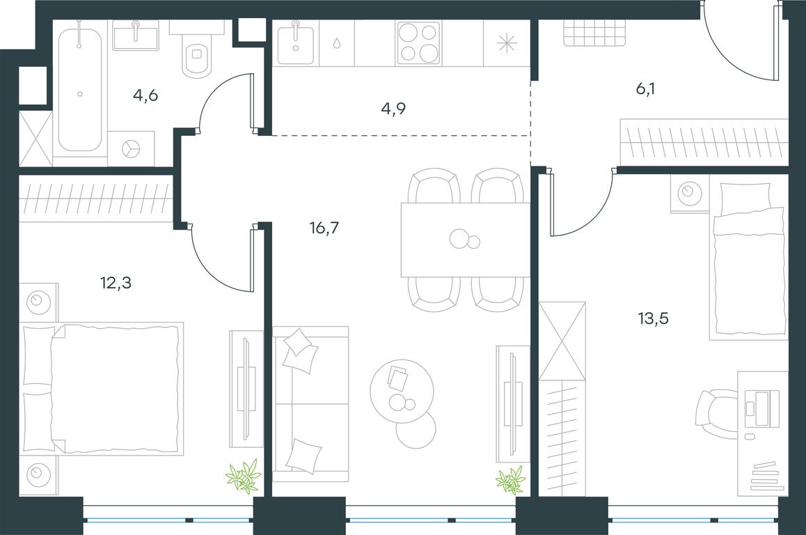 2-BD Apartment Sale, 58.1平方米 at Level Michurinskiy, Озёрная улица, вл1, Москва, Россия #1